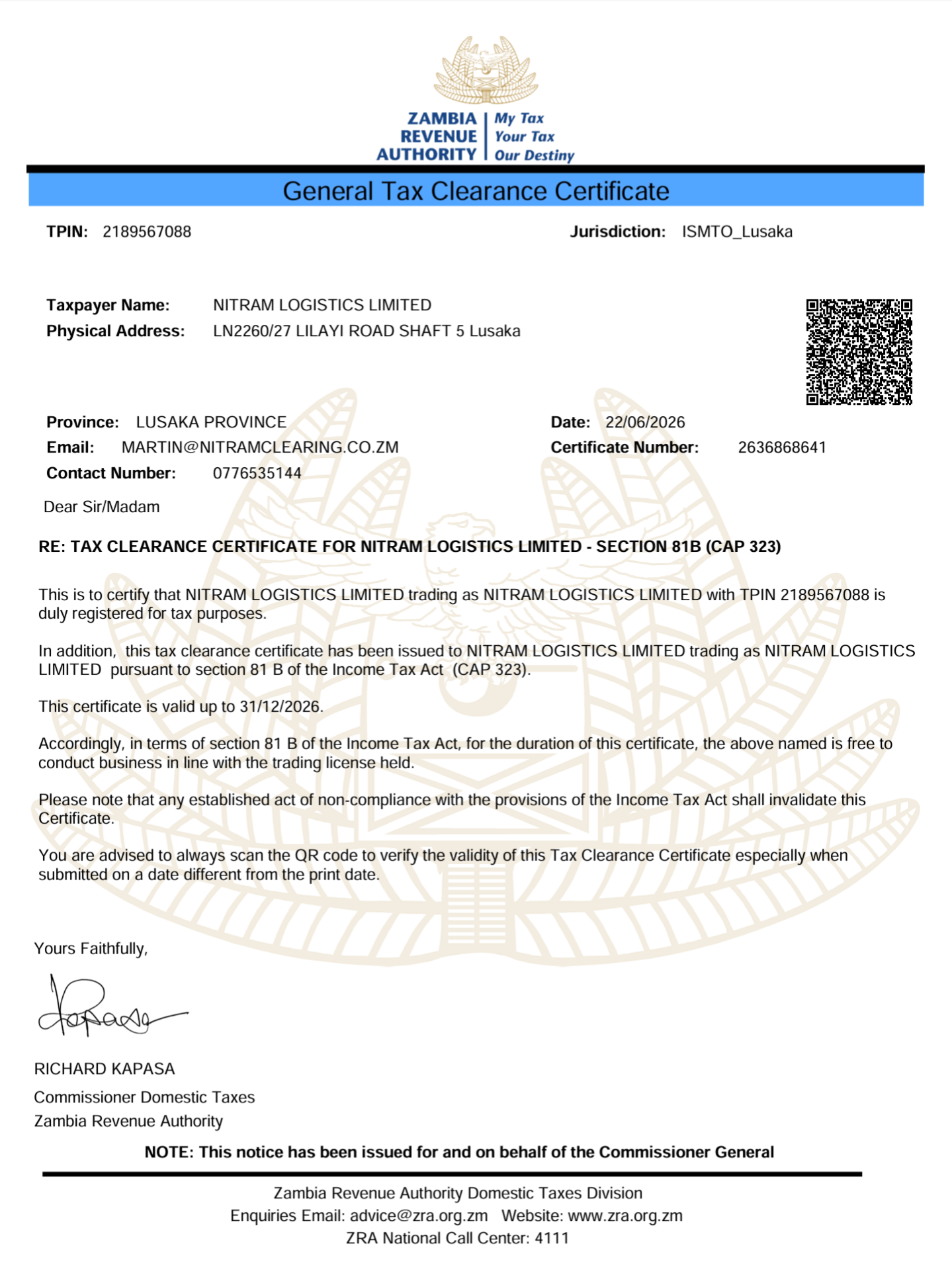 General Tax Clearance Certificate
